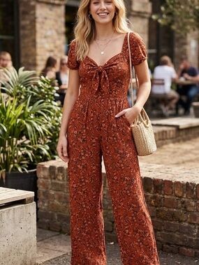 American Eagle Outfitters Rust Floral Tie-Front Jumpsuit